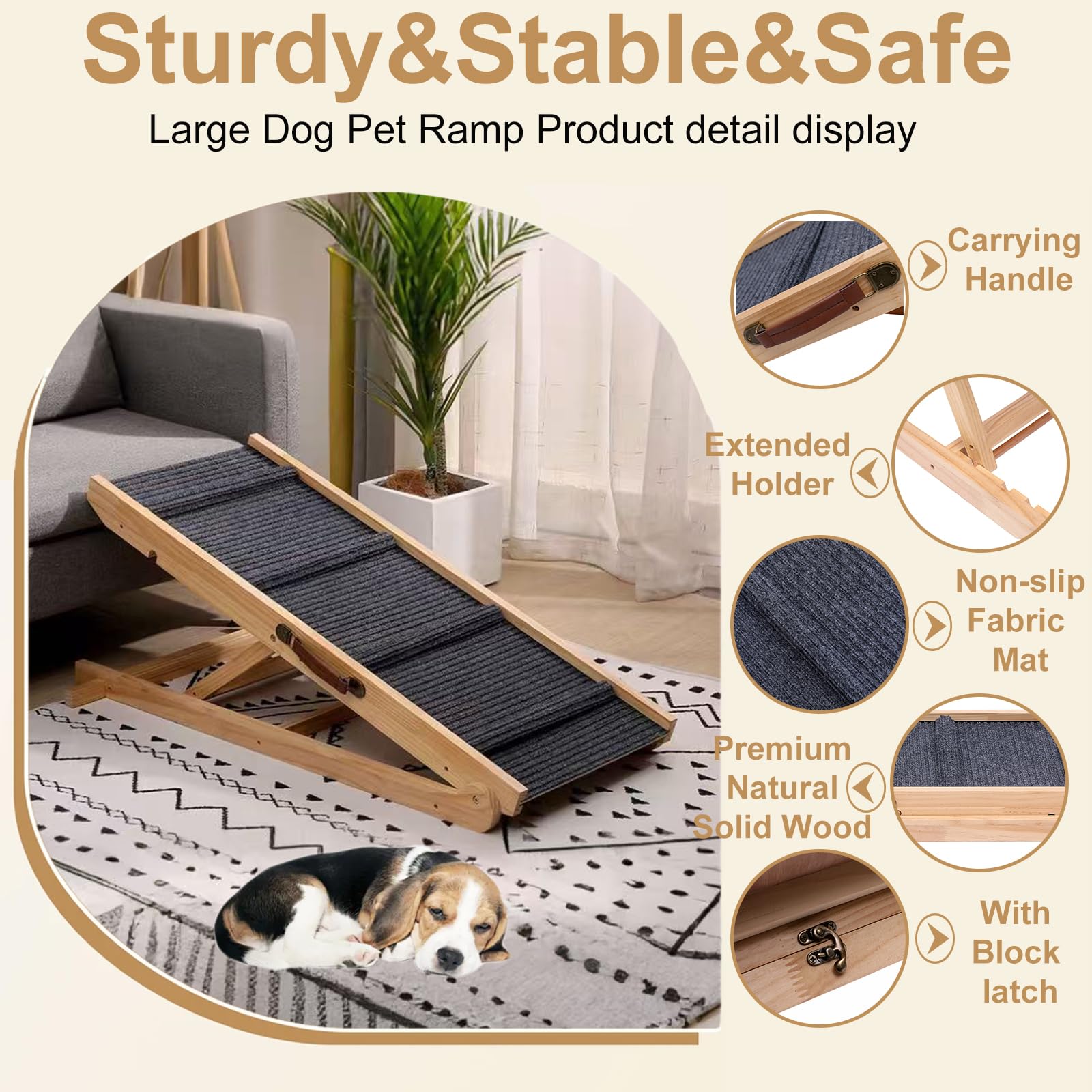 QUCHRYO foldable wooden dog ramp on couch illustrates easy access to elevated spots.