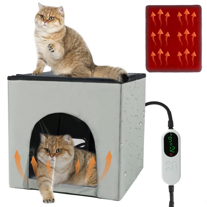 QUEARN heated cat house front view offers a cozy warm shelter for winter days.