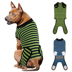 QUEARN recovery suit blue stripes front view provides post-surgery protection and anti-licking help