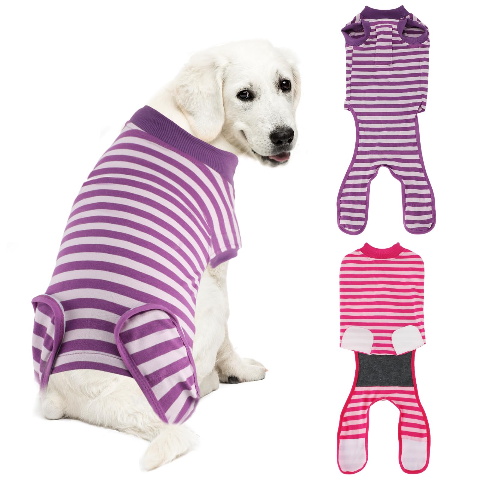 QUEARN two-pack breathable dog recovery suit with pink purple stripes for comfortable healing