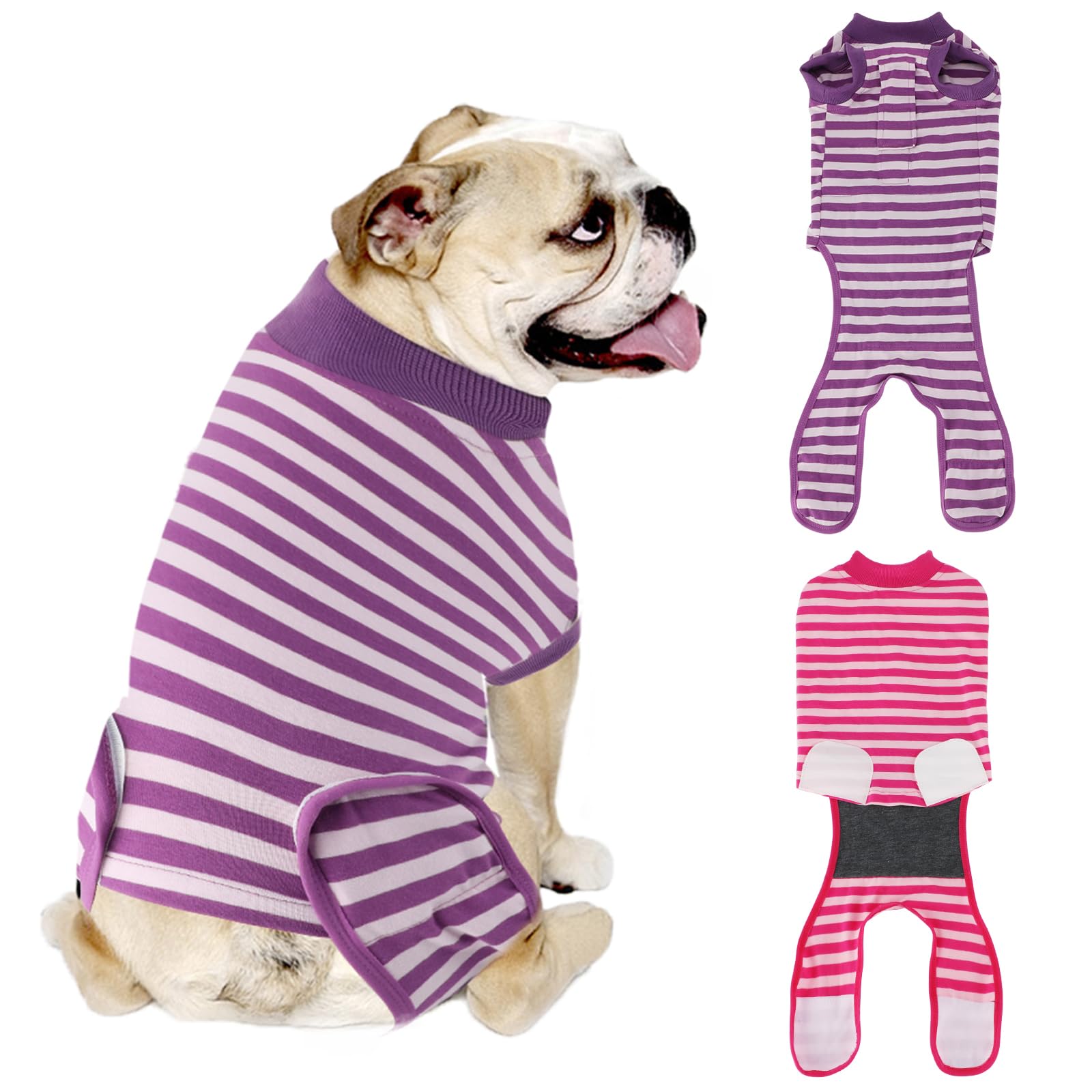 QUEARN two-packs breathable dog recovery suit in purple-pink stripes for post-surgery comfort