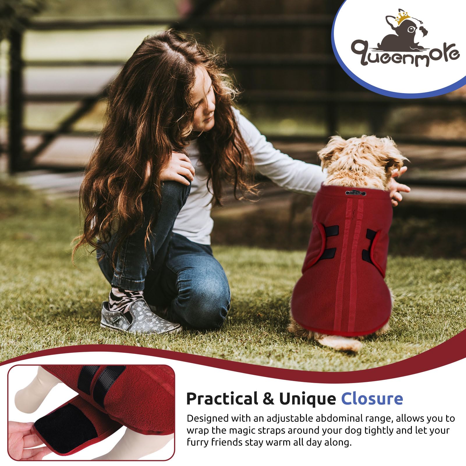 Queenmore burgundy fleece on a dachshund illustrates cozy warmth for cold walks.