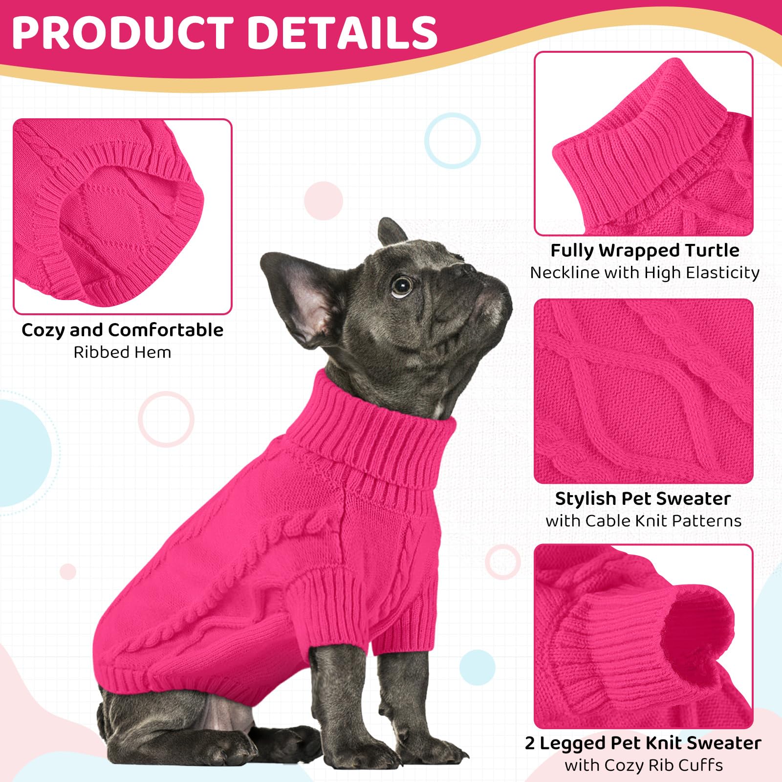Queenmore cable knit dog sweater solid color with rib cuffs for secure fit.