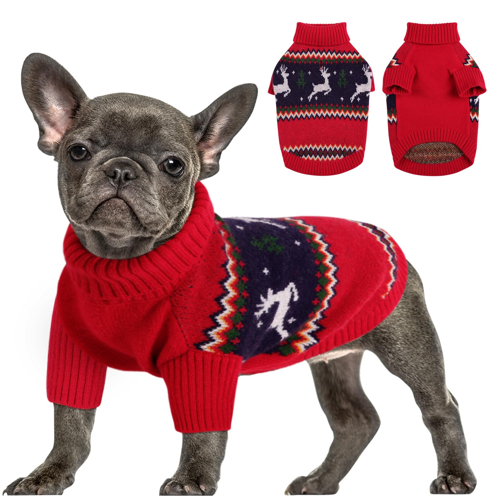 Queenmore Christmas Dog Sweater front view shows cozy knit warmth for small dogs.