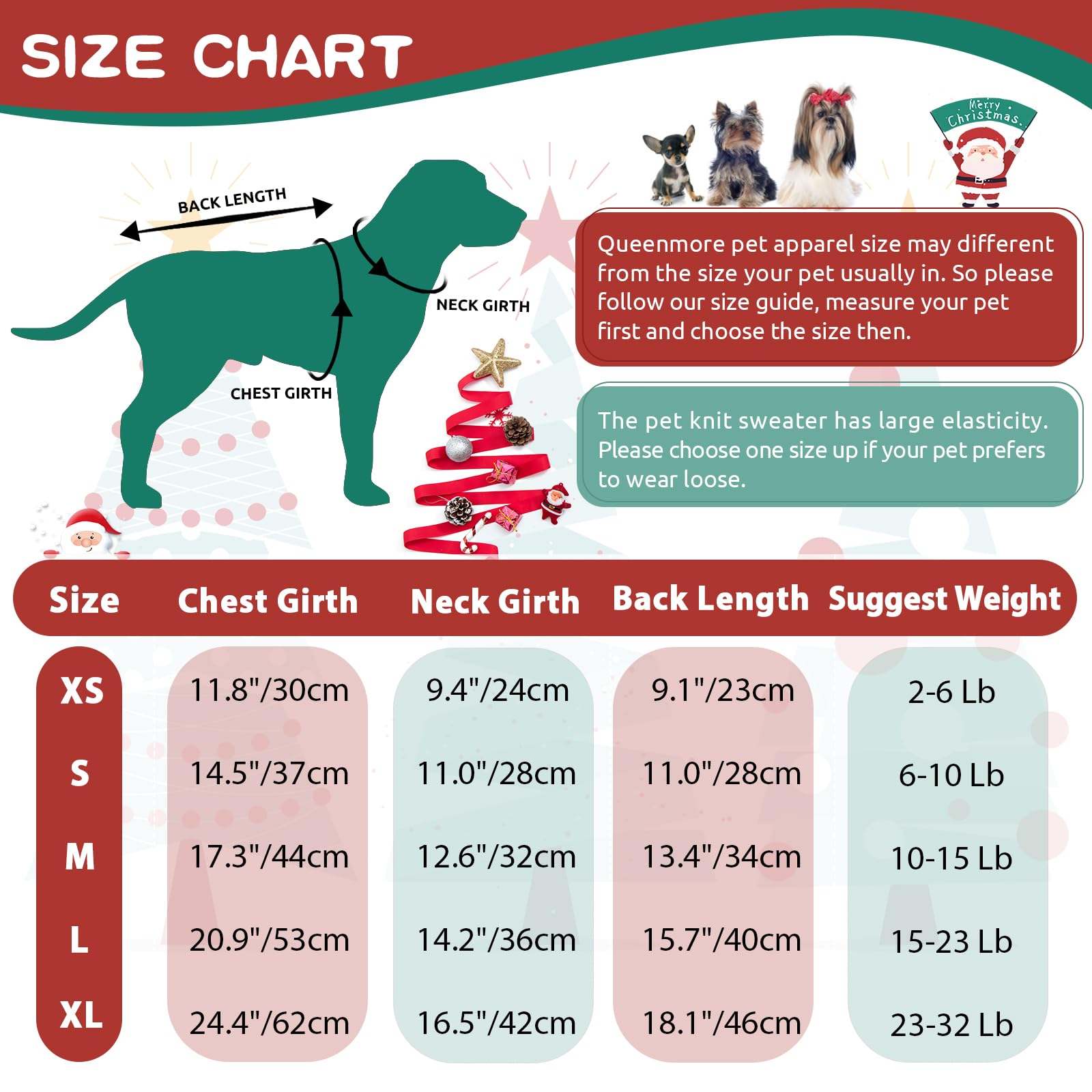 Queenmore Christmas Dog Sweater side view highlights festive pattern and snug fit.