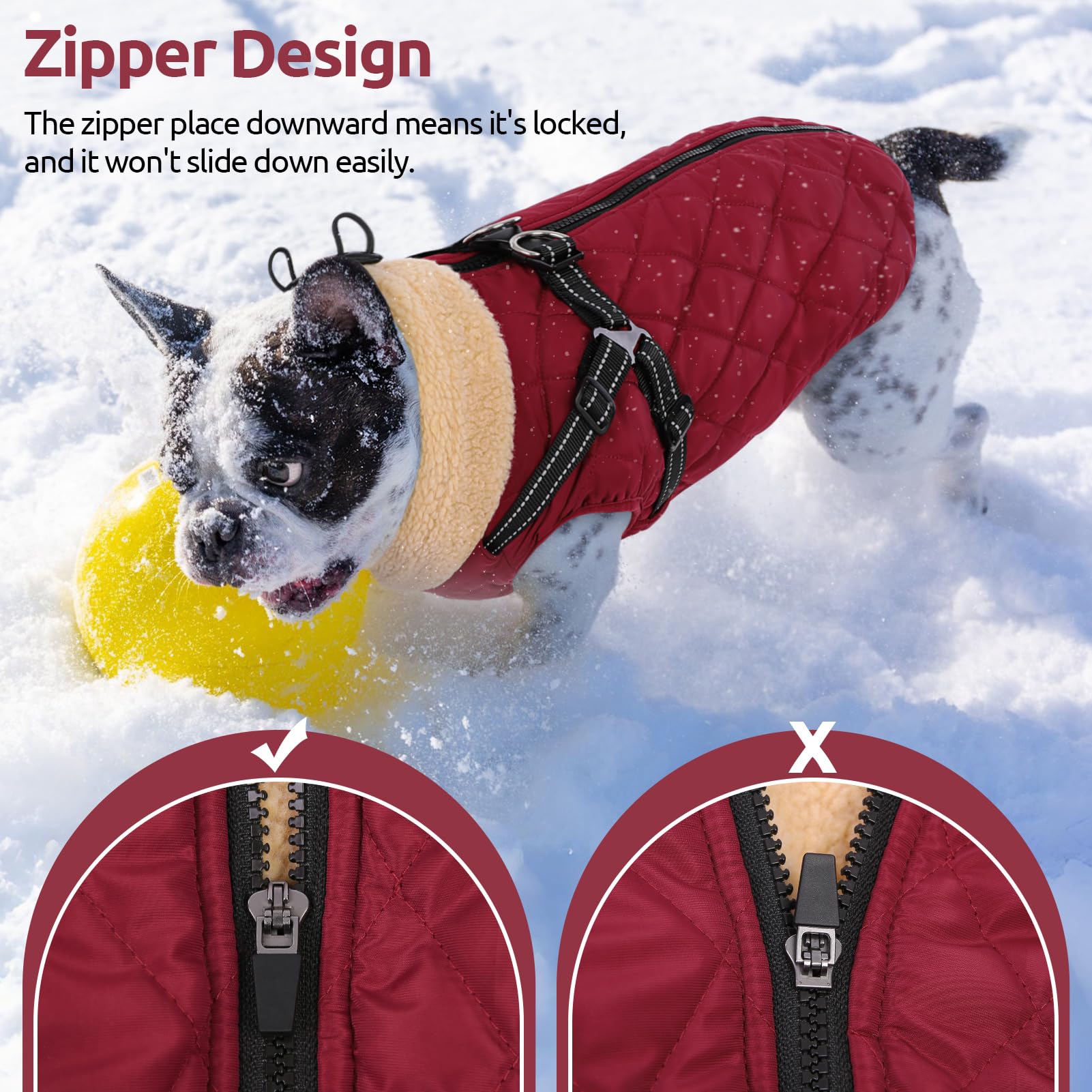 Queenmore dog coat machine-washable fabric makes cleanup simple.