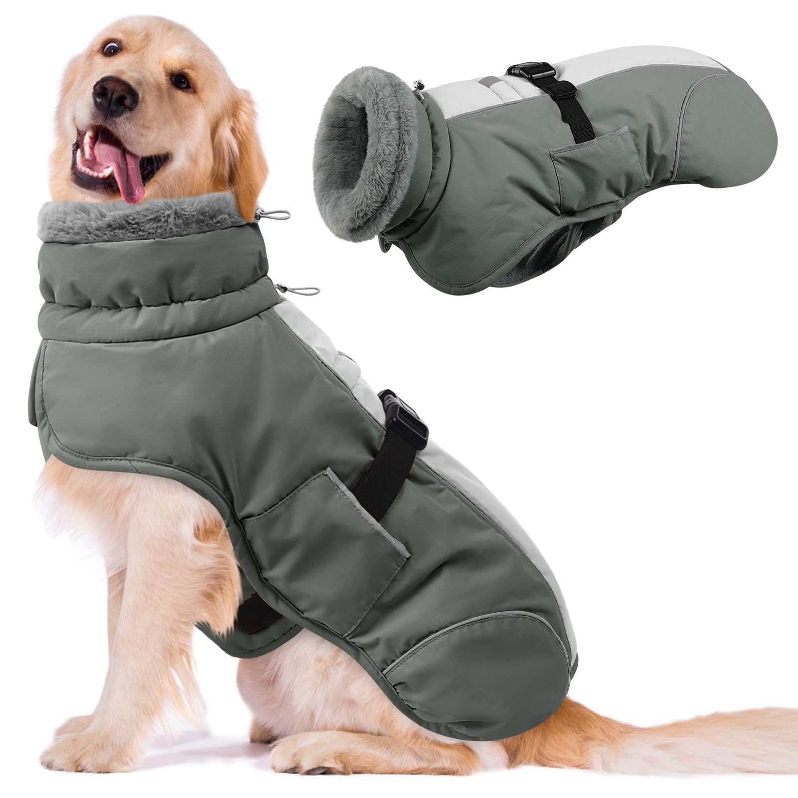 Queenmore dog cold weather coat front view grey, keeps your pet cozy on winter walks