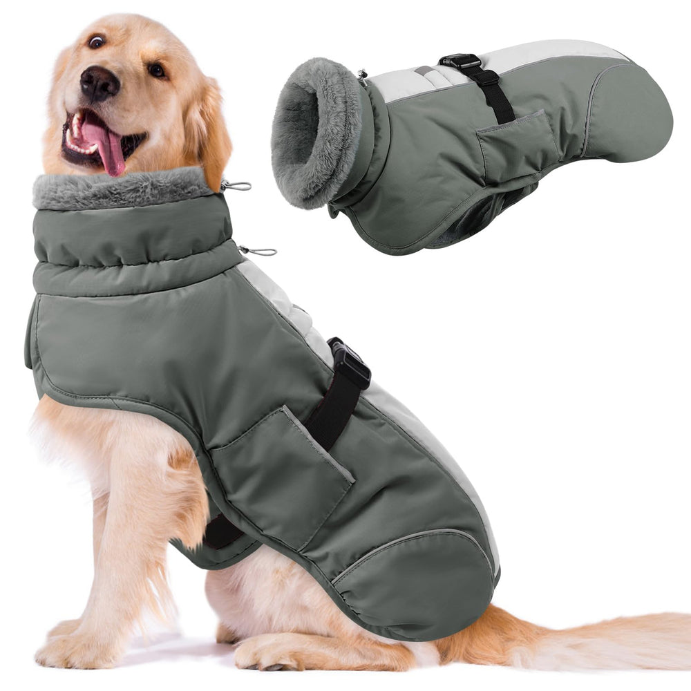 Queenmore dog cold weather coat front view grey, keeps your pet cozy on winter walks