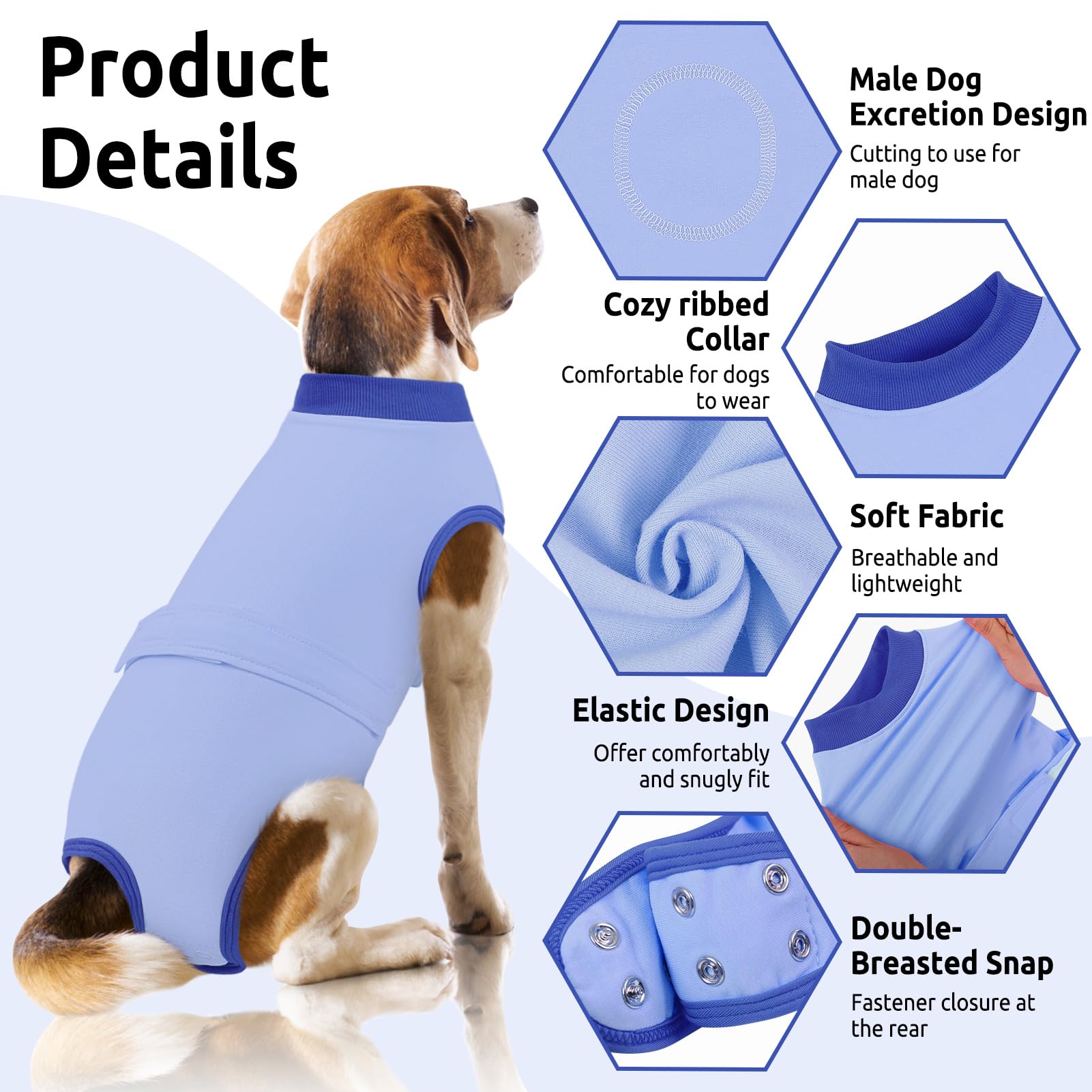 Queenmore dog recovery suit blue pattern full coverage eases post-op care.