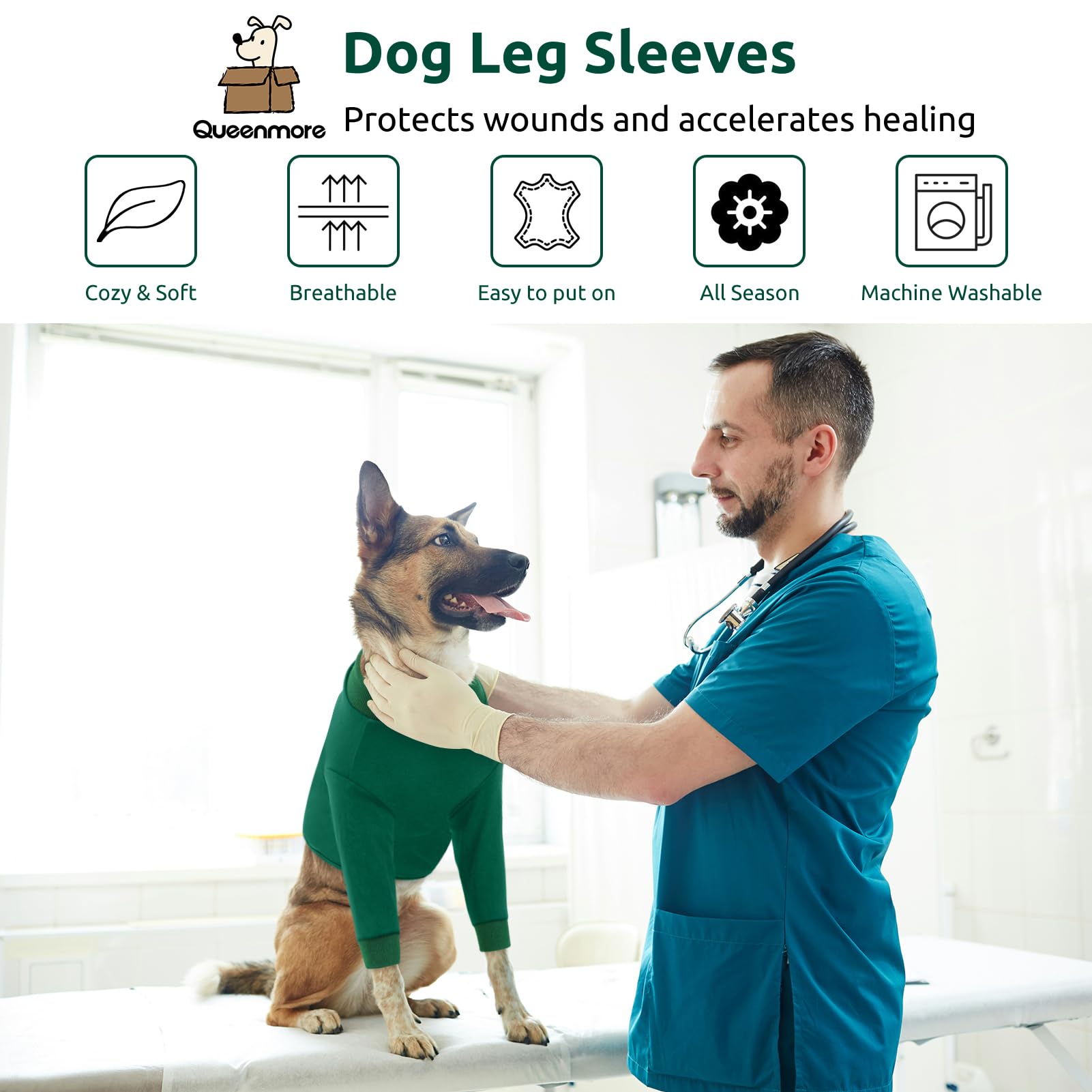 Queenmore dog sleeve as cone alternative allows natural movement during recovery.