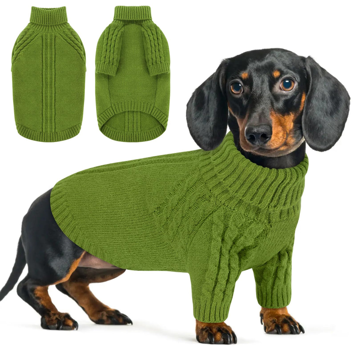 Queenmore dog sweater green closeup knit shows cozy warmth and stretch on chilly walks