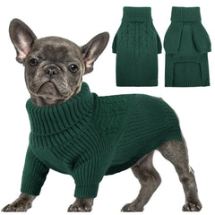 Queenmore dog sweater green front view for small dogs provides cozy warmth and easy wear.