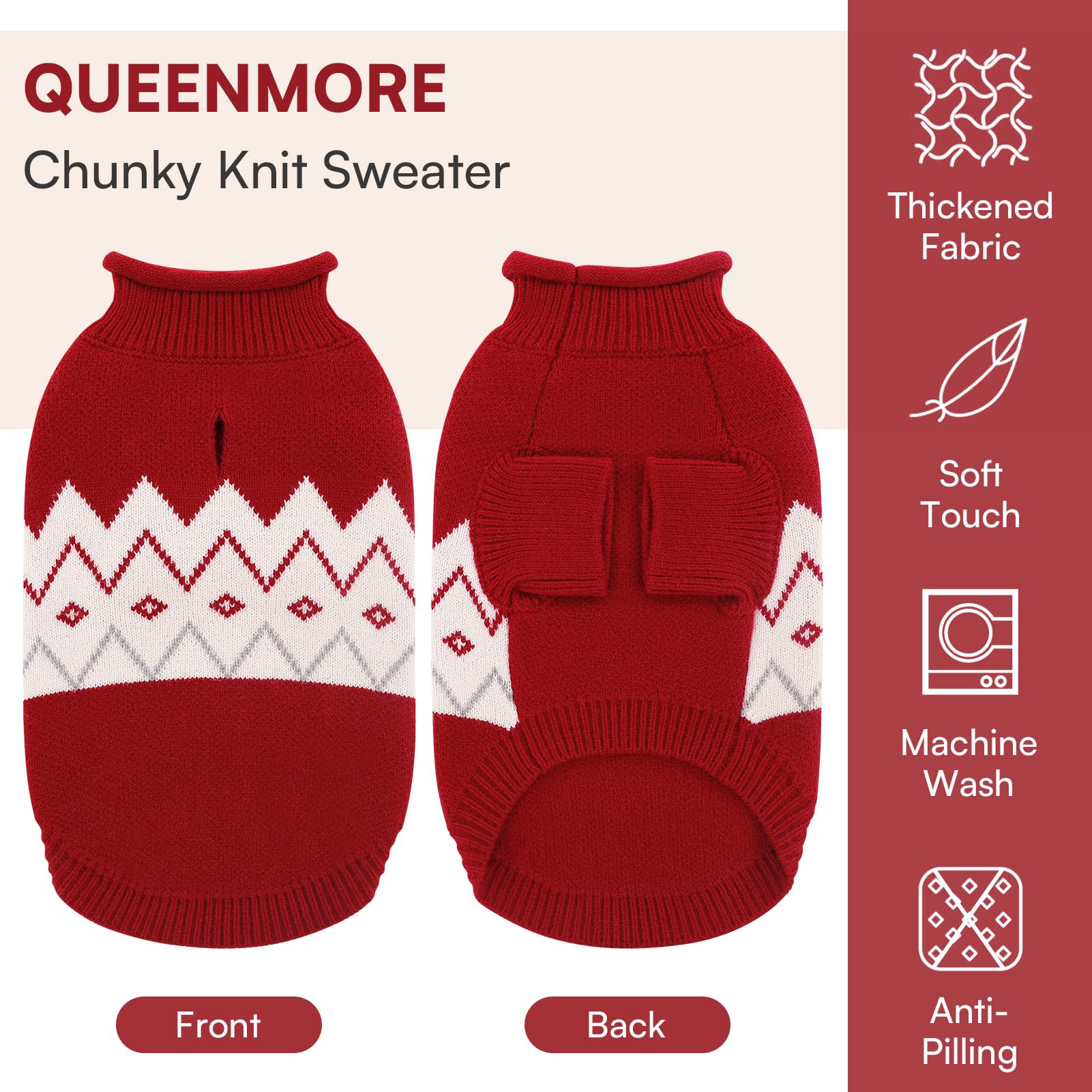Queenmore dog sweater with high-neck long-sleeve design offers neck warmth.
