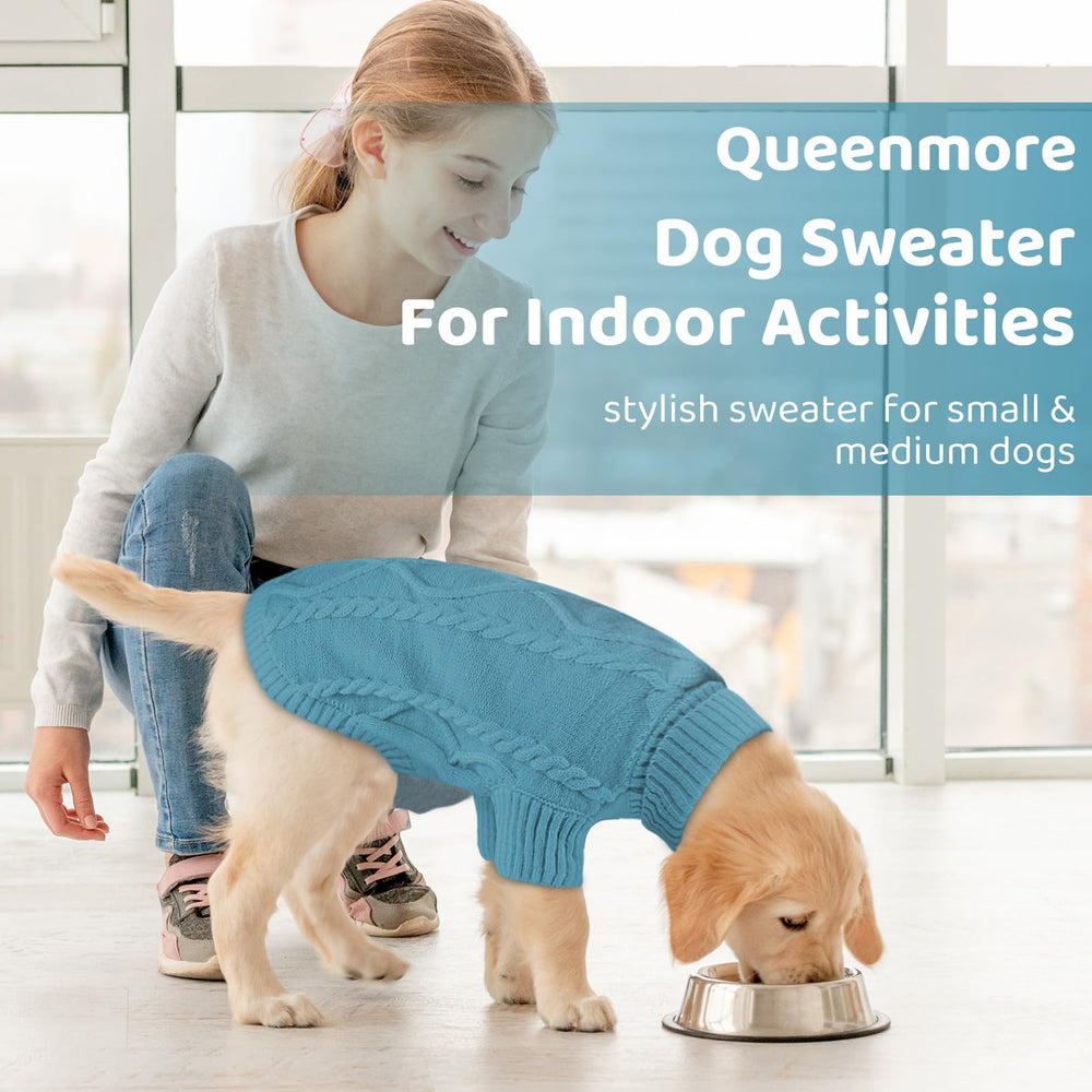 Queenmore dog sweater worn on a model demonstrates full belly wrap and secure fit.