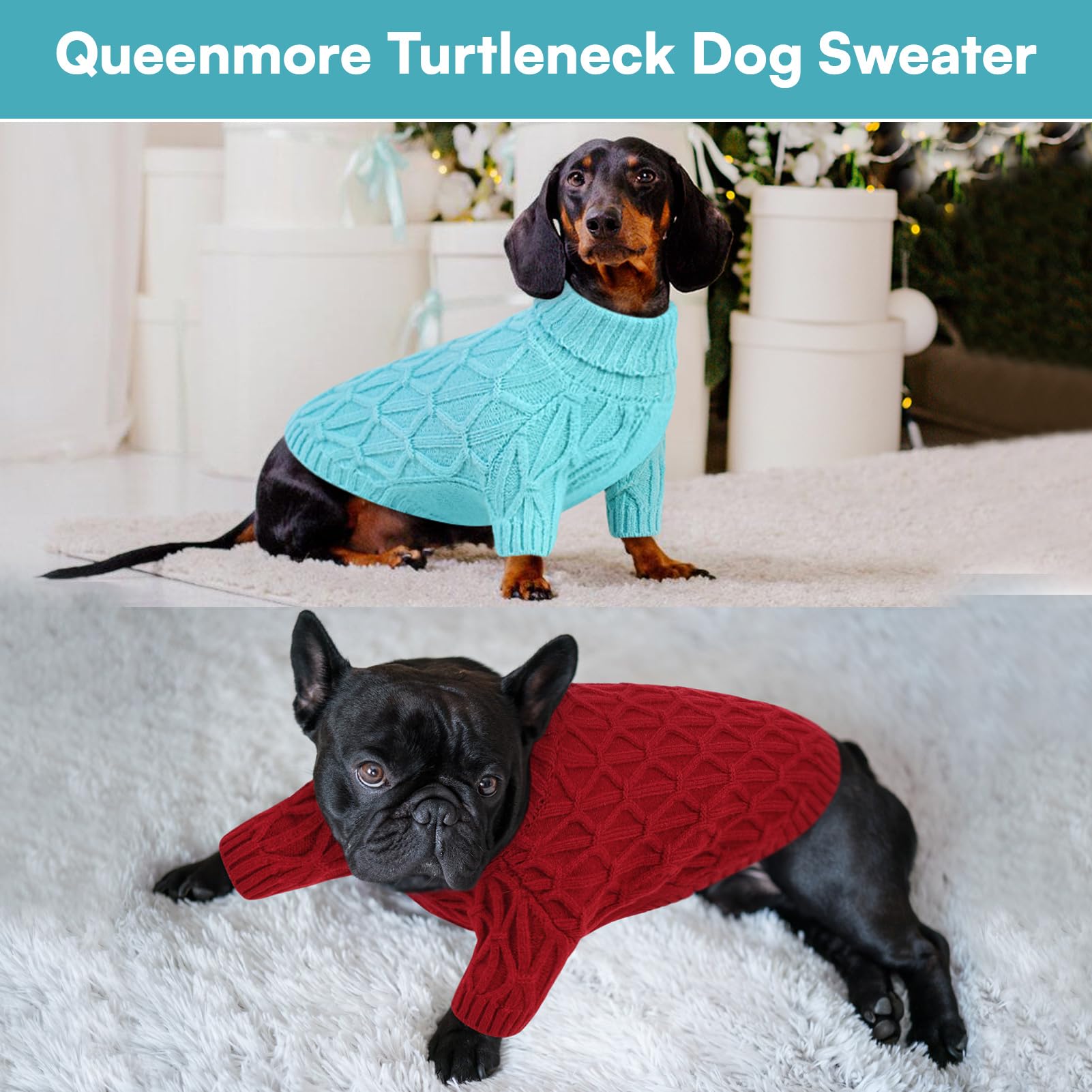 Queenmore dog sweater packaging image communicates ready-to-gift presentation and care info.