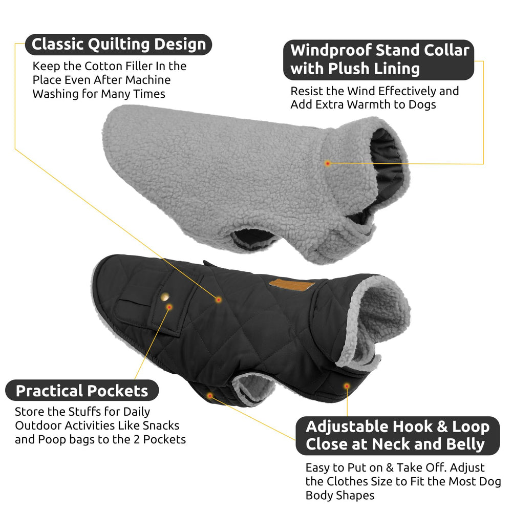 Queenmore dog winter coat back pocket detail highlighting convenient storage for treats.