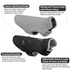 Queenmore dog winter coat back pocket detail highlighting convenient storage for treats.