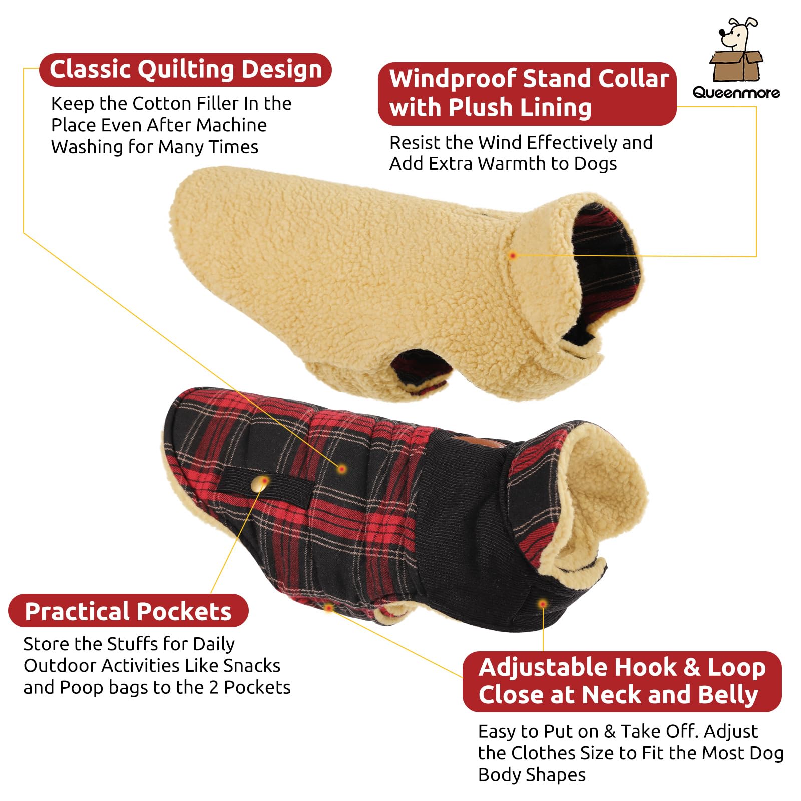 Queenmore dog winter coat leash-hole detail emphasizes hands-free control during walks