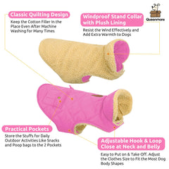 Queenmore dog winter coat pink back pocket view shows handy storage for snacks or bags