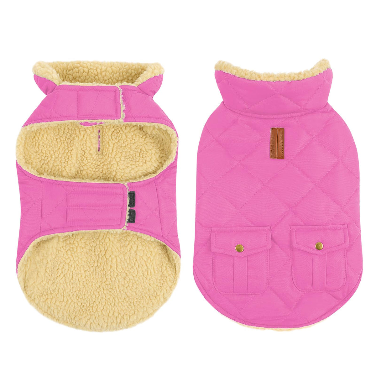 Queenmore dog winter coat pink front view highlights ultra-warm fleece and windproof fabric for cold walks.
