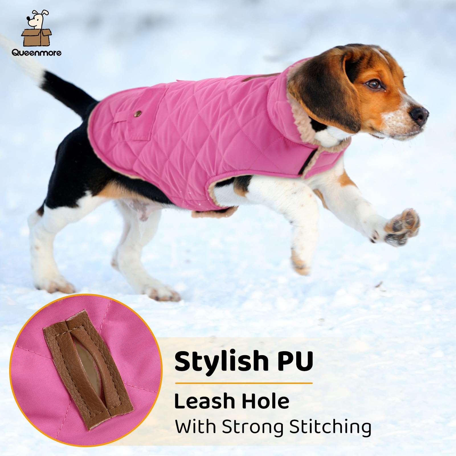Queenmore dog winter coat pink pocket closeup highlights practical storage compartments