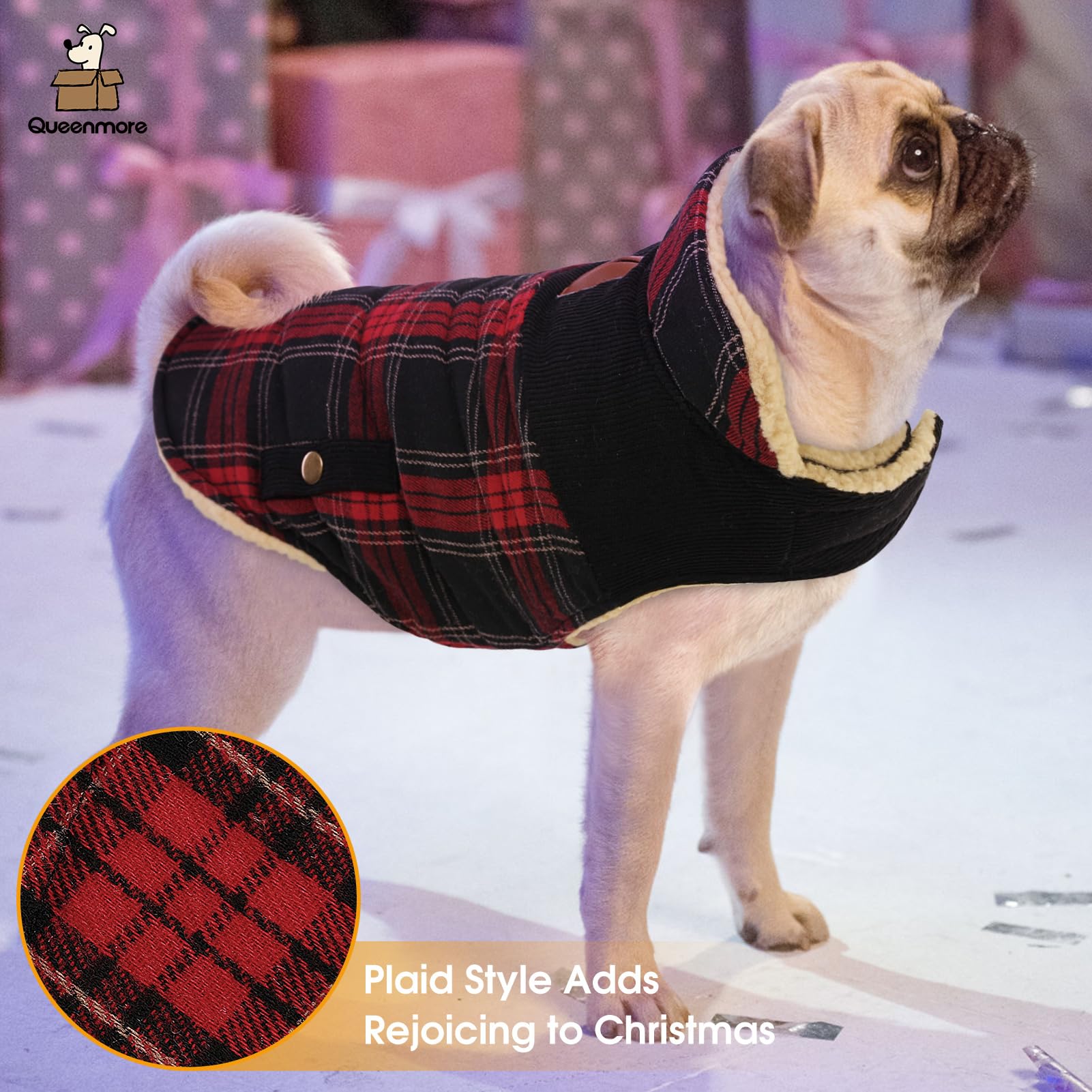 Queenmore dog winter coat pocket-storage shows back pockets for snacks and accessories