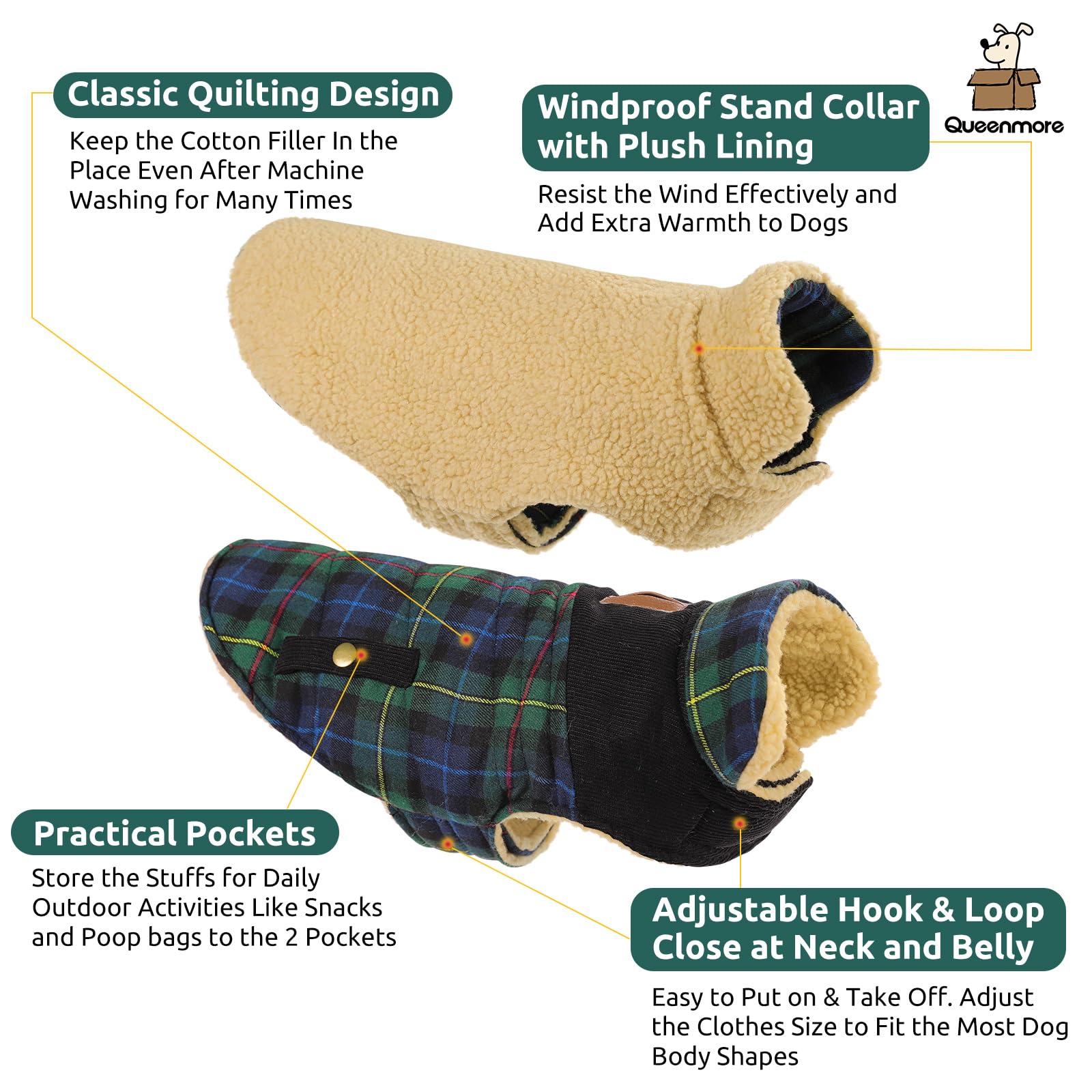 Queenmore dog winter coat side view with leash hole for secure walks