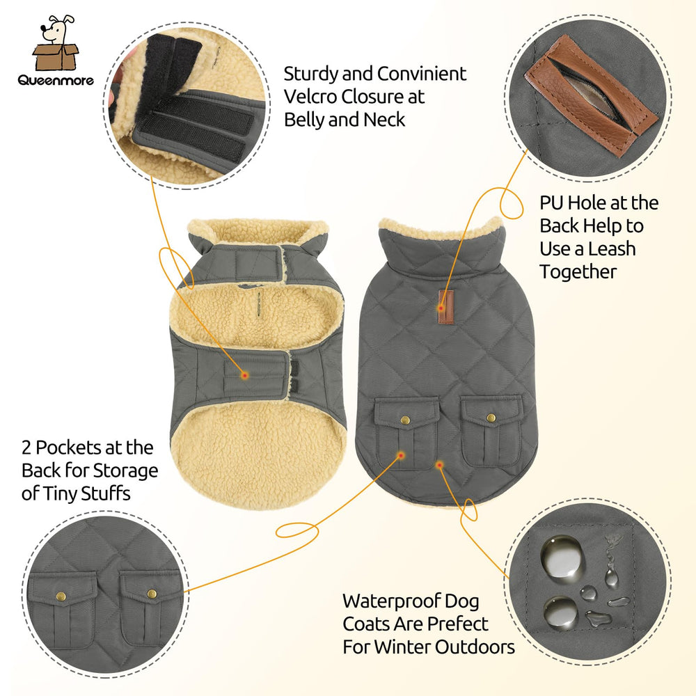 Queenmore dog winter coat side pocket view highlighting back storage pocket.
