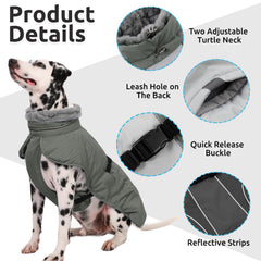 Queenmore dog winter jacket foldable turtleneck adds extra warmth on chilly days.