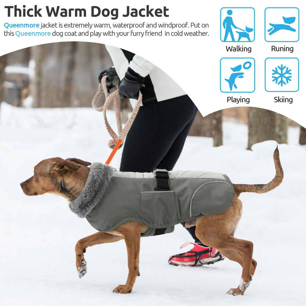 Queenmore dog winter jacket side buckles allow adjustable fit for your pup.
