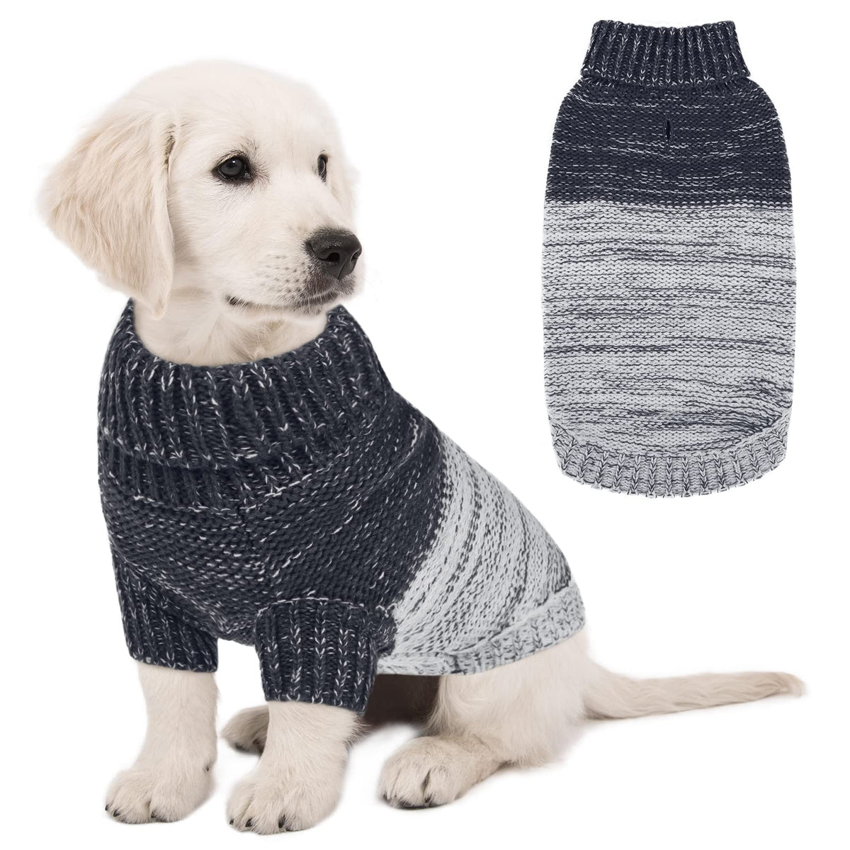 Queenmore knitted pullover dog sweater in dark blue, front view, cozy warmth for chilly walks.