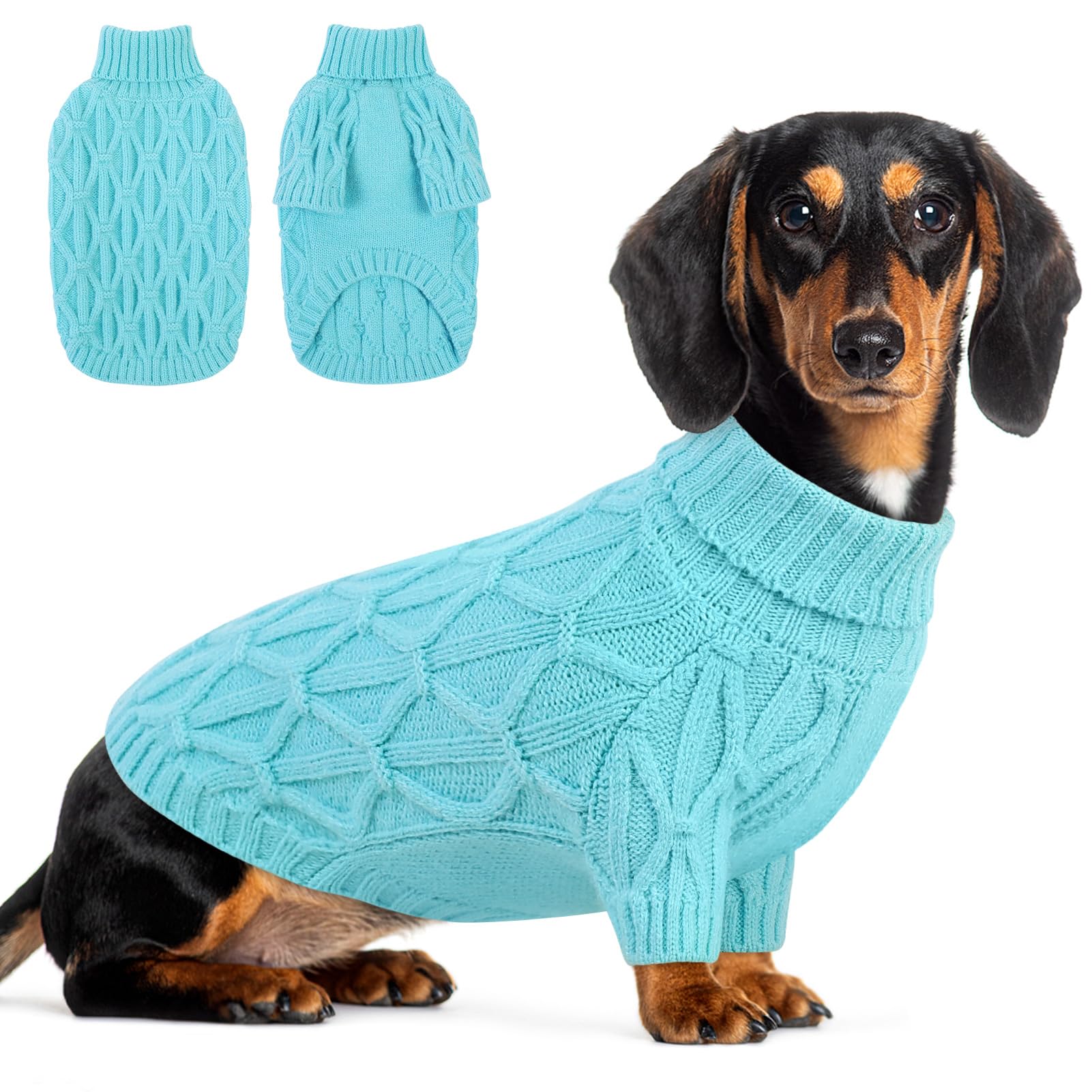 Queenmore medium dog sweater Lake Blue front view offering cozy warmth for daily walks.