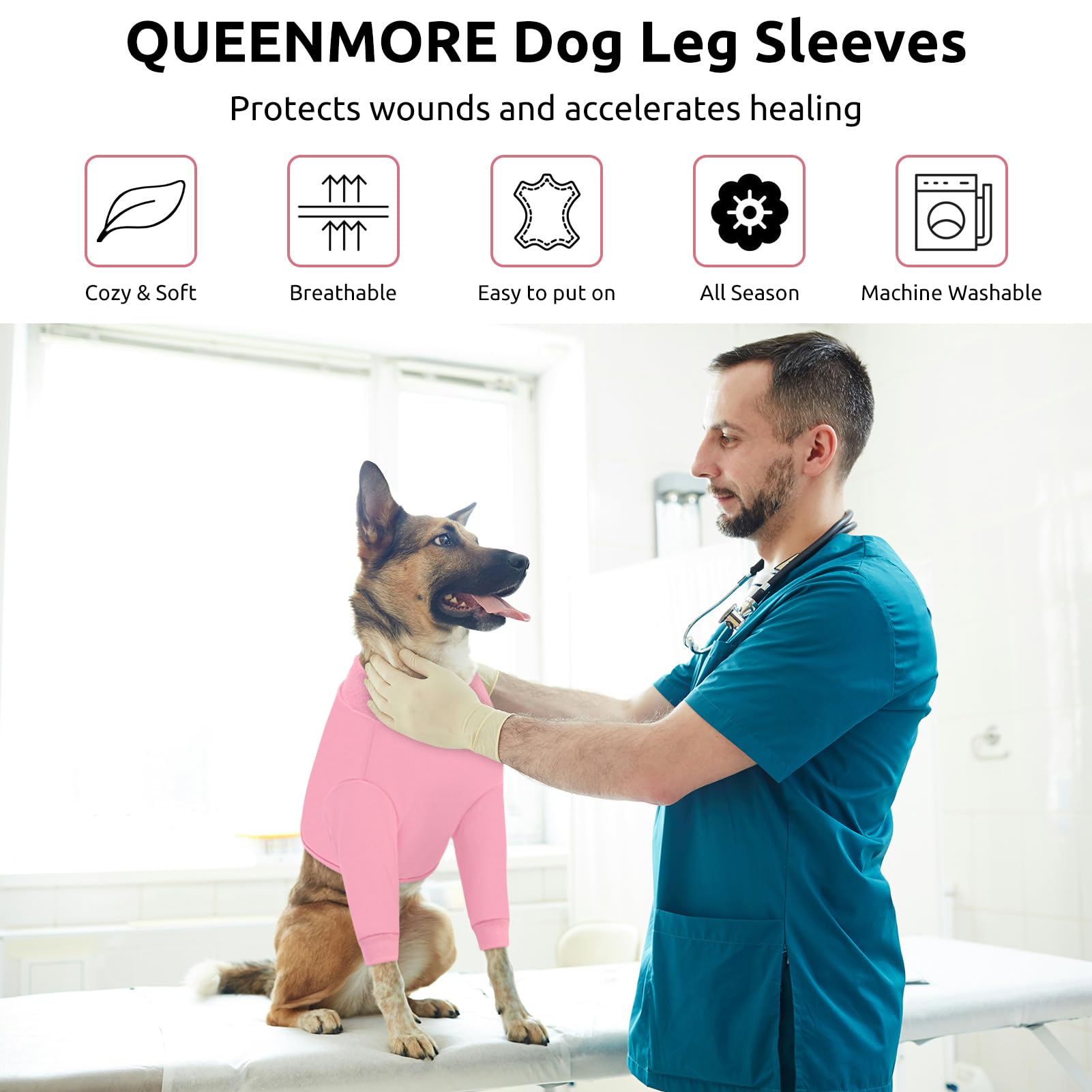 Queenmore Recovery Sleeve dog wound protection pink shown during active play and rest