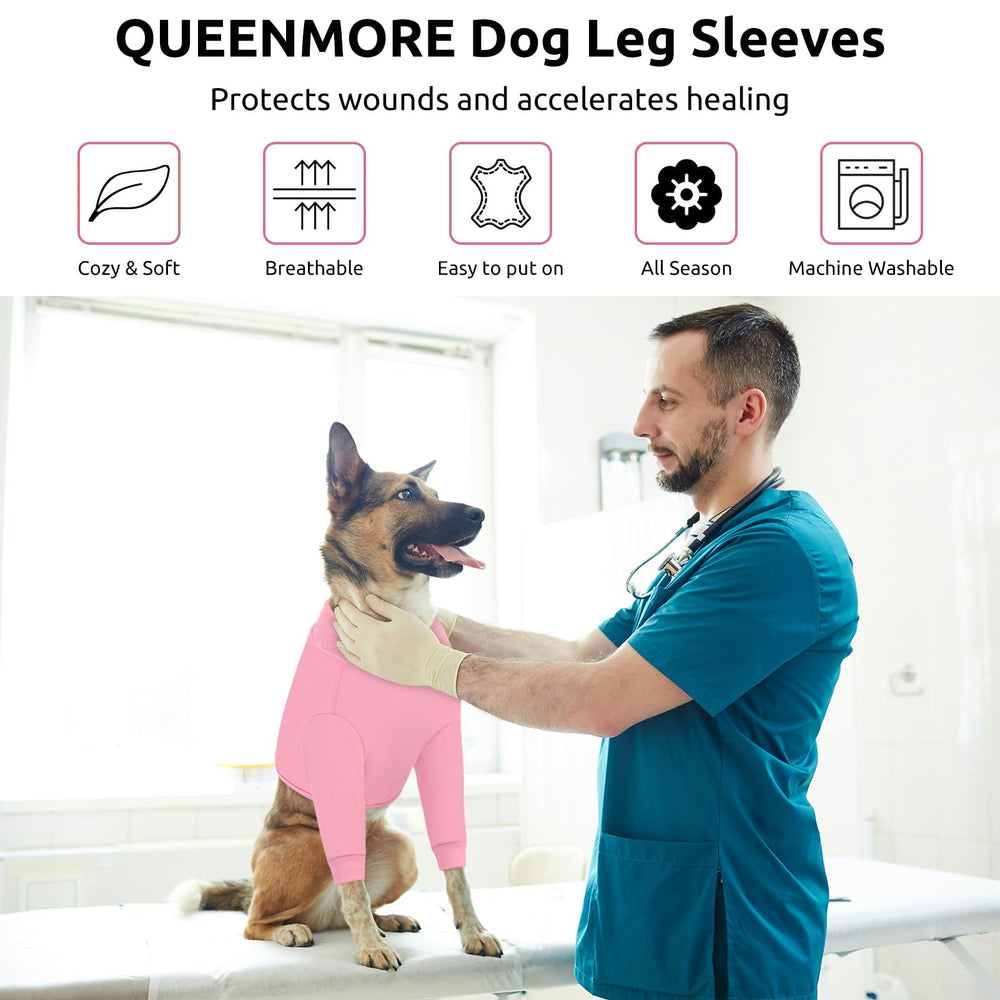 Queenmore Recovery Sleeve dog wound protection pink shown during active play and rest