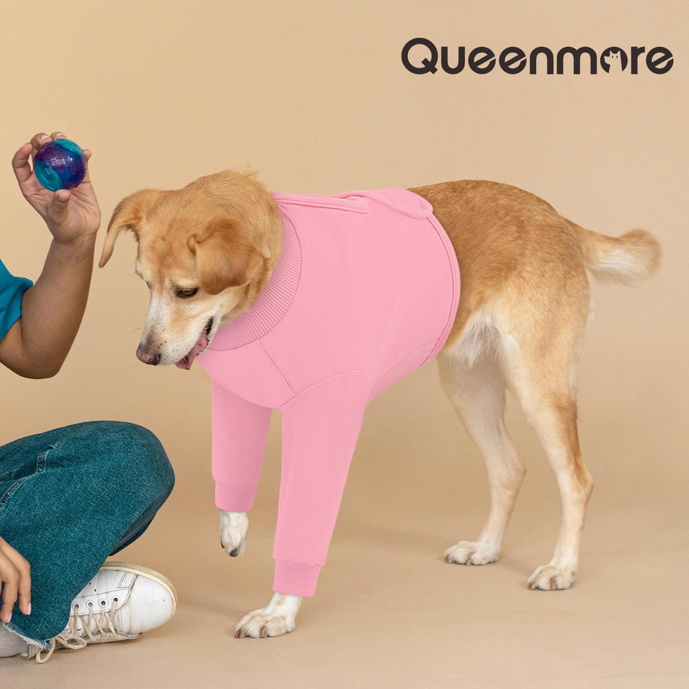 Queenmore Recovery Sleeve fit sizing pink demonstrates six-size options for many dogs