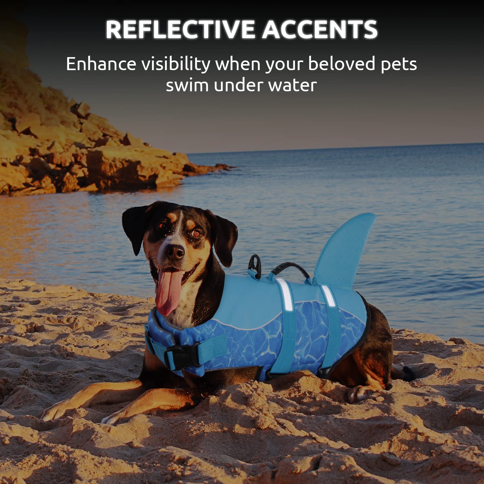 Queenmore shark-fin style life vest increases visibility in water.