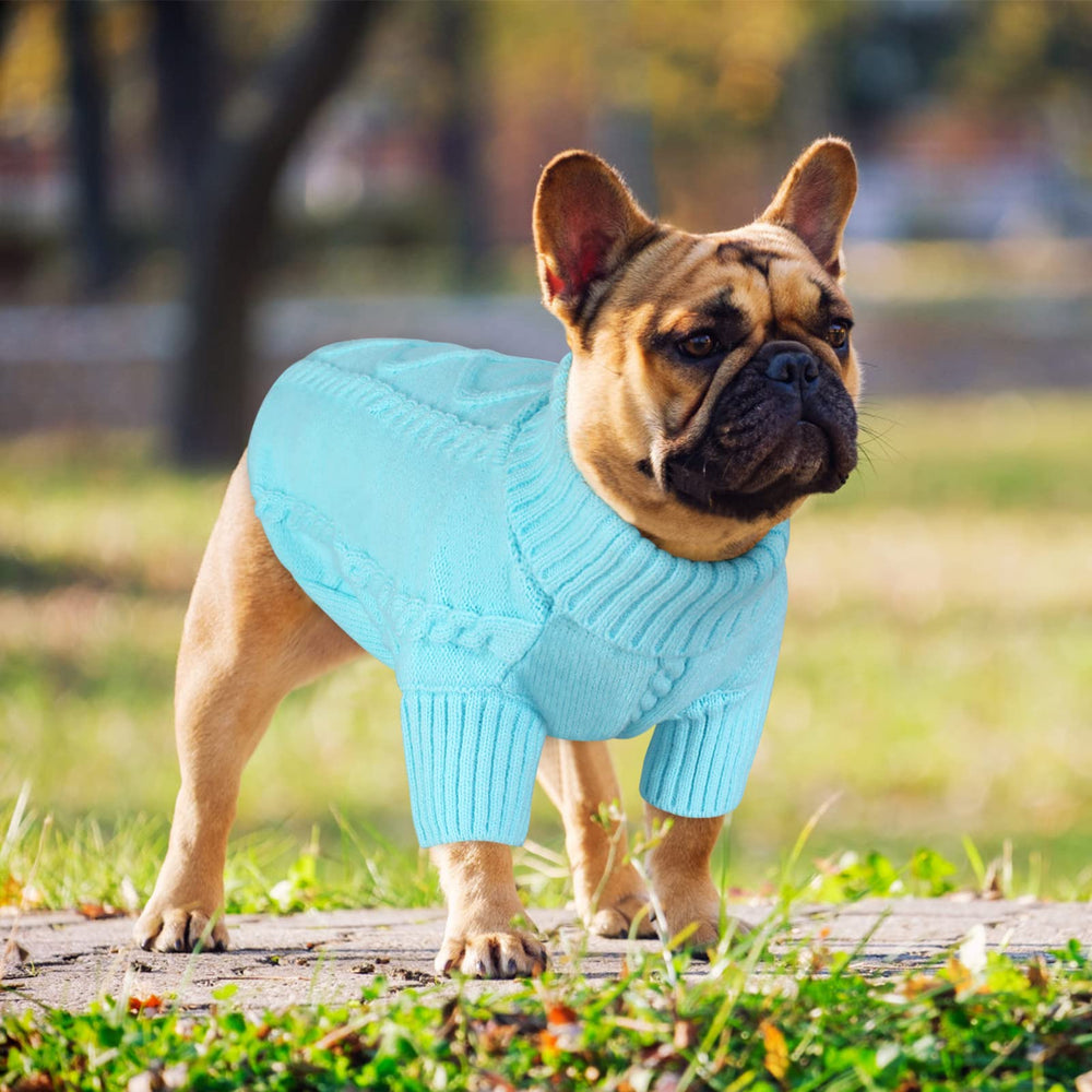 Queenmore small dog pullover knit texture shows high-density acrylic for easy care.