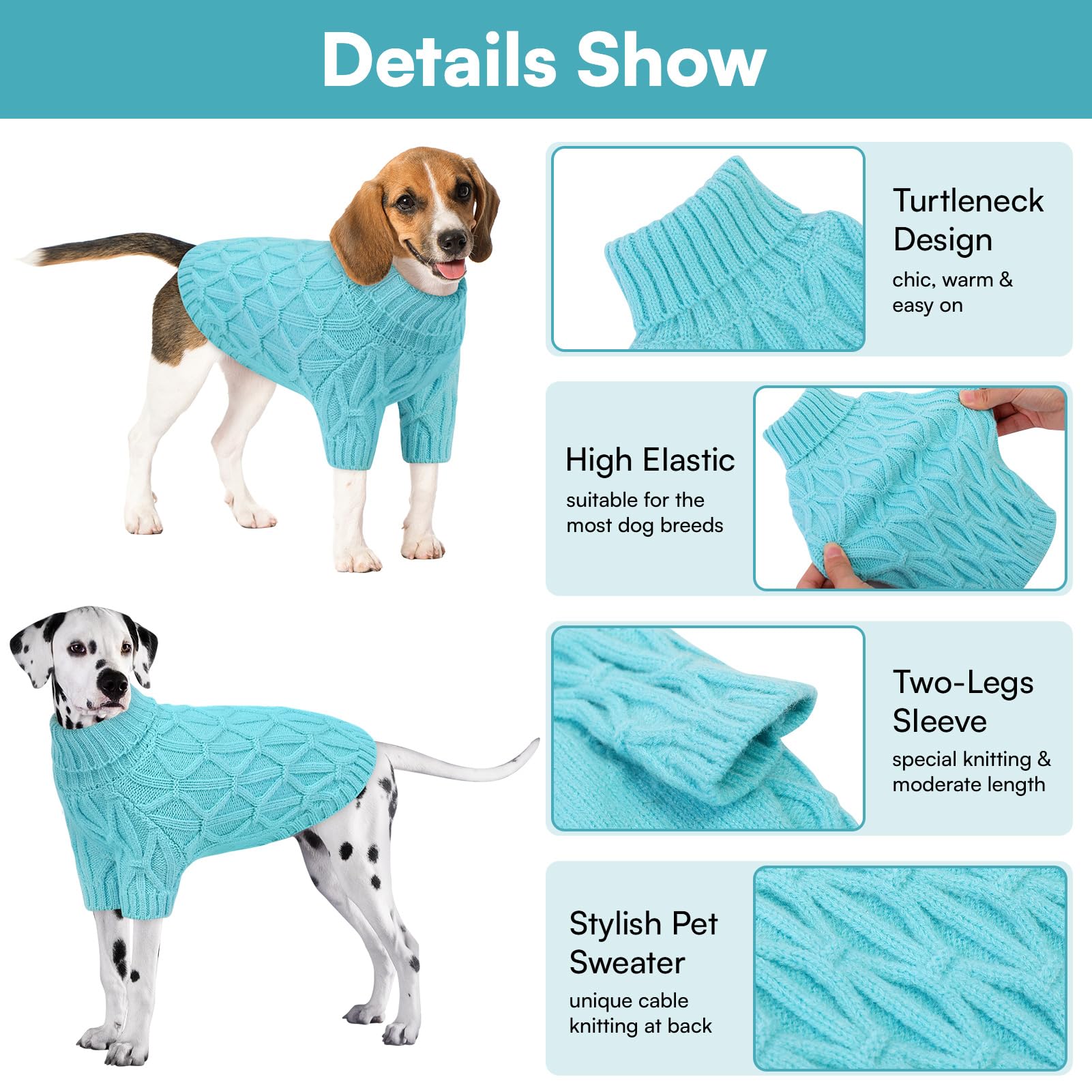 Queenmore turtleneck dog sweater closeup showcases snug two-leg design for cozy coverage.