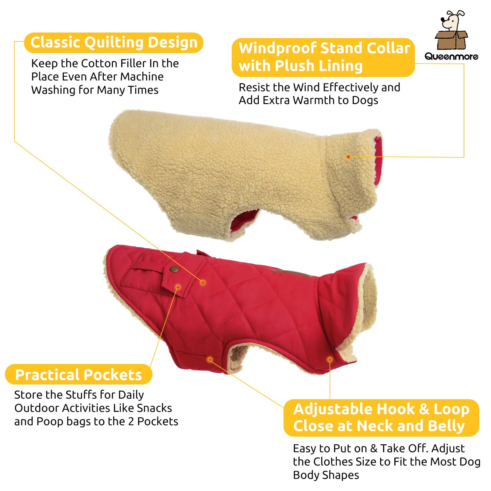 Queenmore warm dog coat back pocket detail in red shows convenient storage for treats