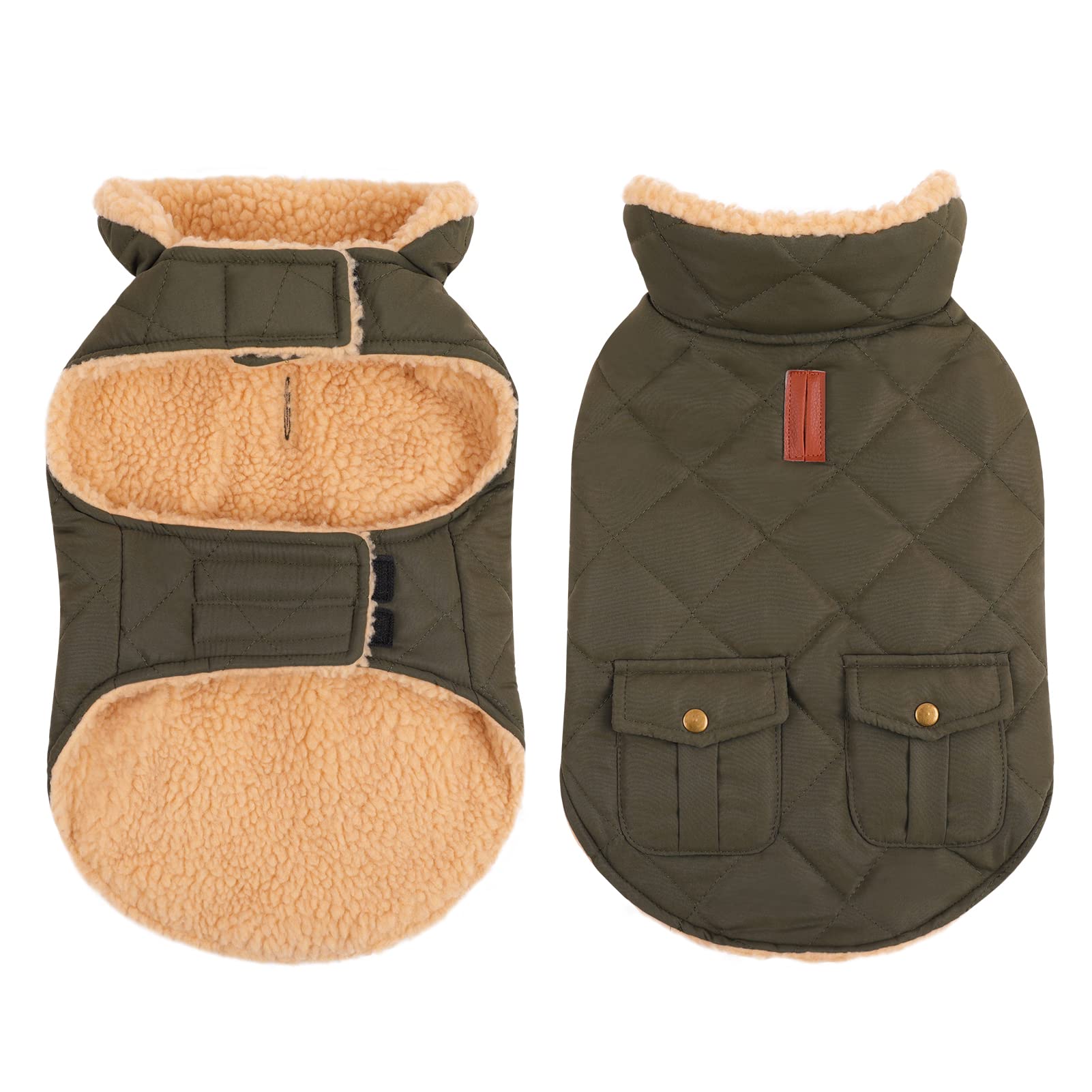 Queenmore warm dog coat green front view highlighting ultra warm plush lining for cold weather walks.