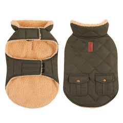 Queenmore warm dog coat green front view highlighting ultra warm plush lining for cold weather walks.