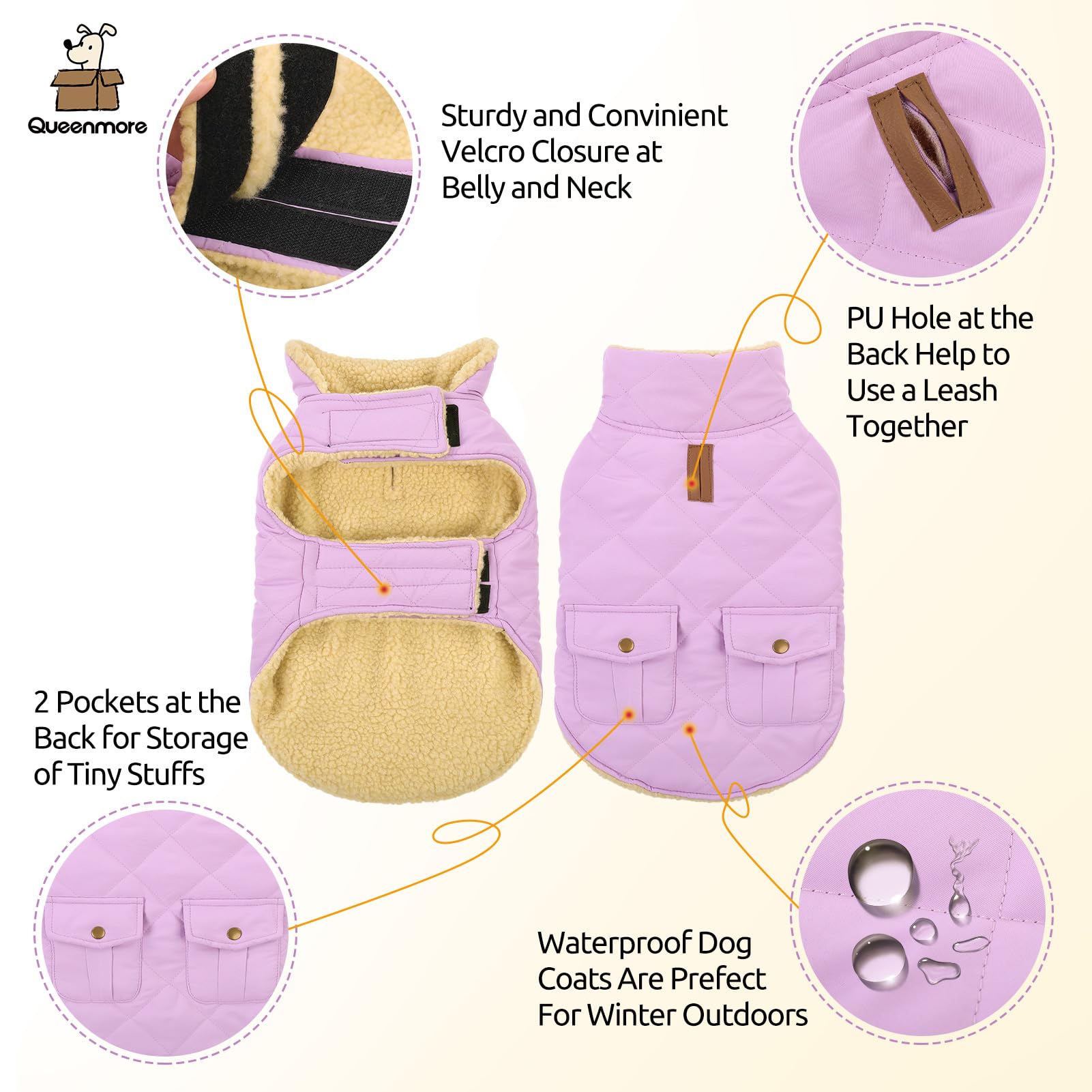 Queenmore warm dog coat leash hole emphasizes leash compatibility for close walks.