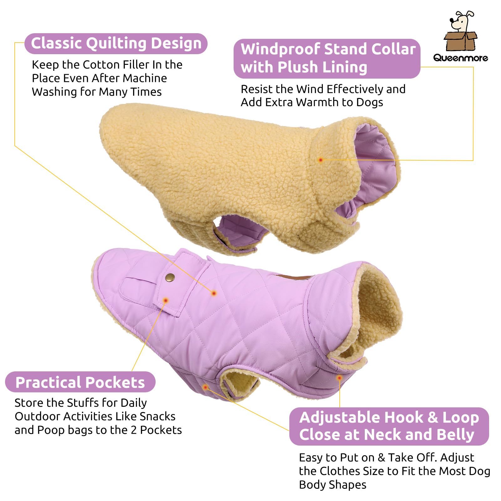 Queenmore Warm Dog Coat Lilac back pocket detail for snacks or bags