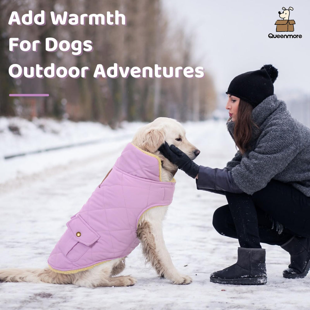 Queenmore warm dog coat material close-up shows windproof quilting and durable fabric.