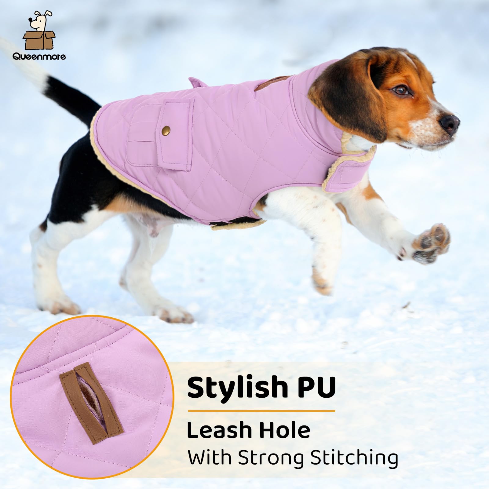 Queenmore warm dog coat plush lining reveals ultra-soft Sherpa warmth inside.