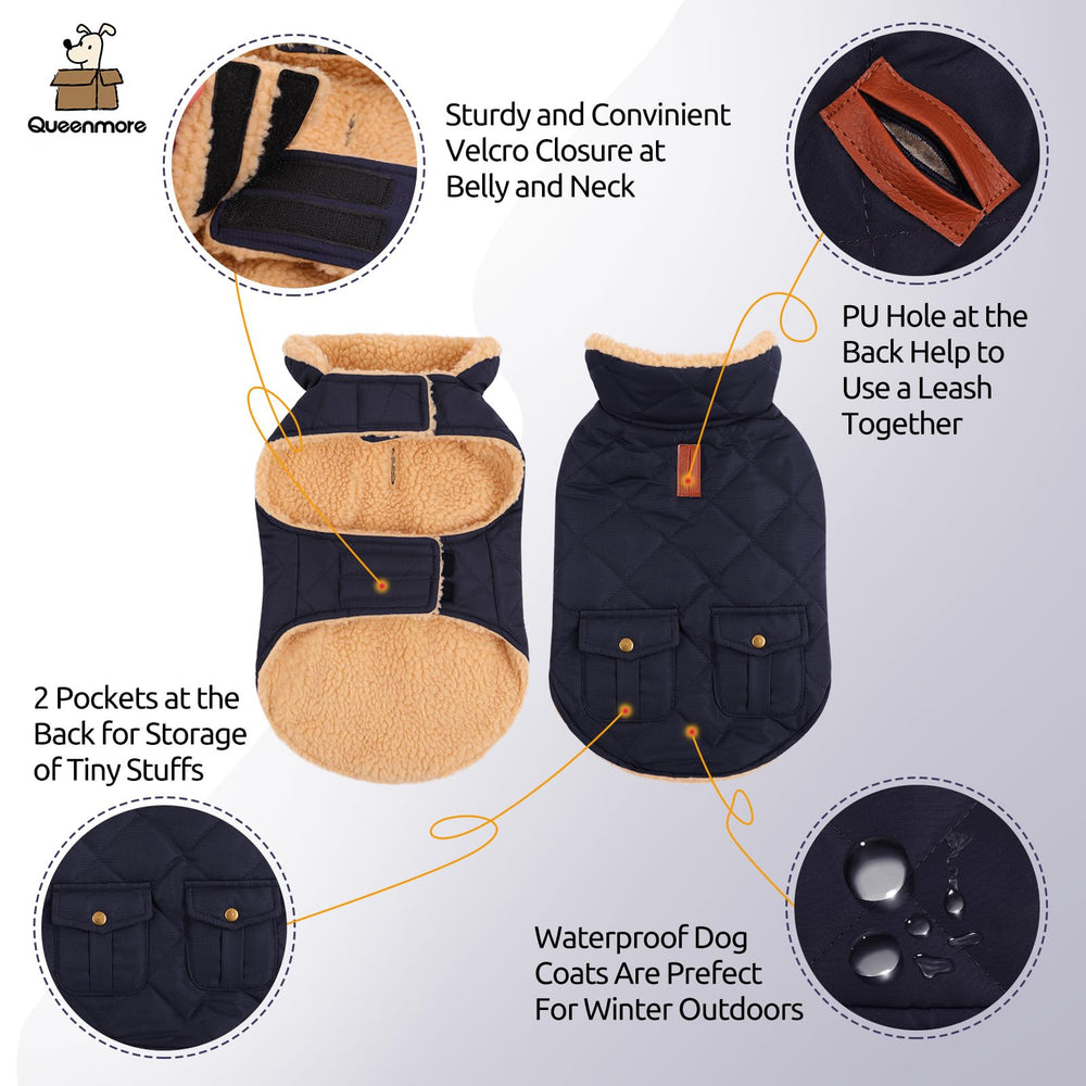 Queenmore warm-puffer dog coat collar up shows wind protection and plush lining