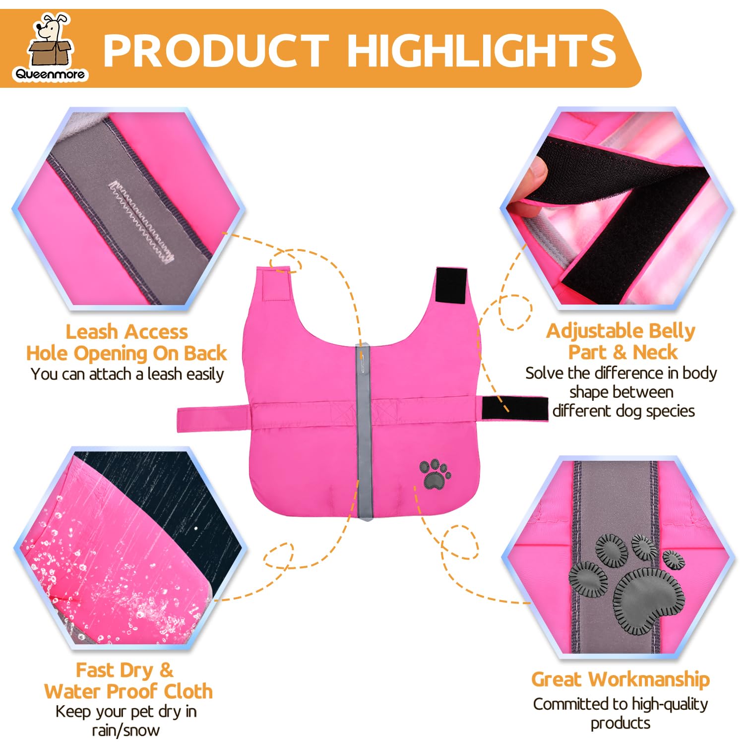 Queenmore waterproof winter dog coat on rain-ready exterior keeps dog dry.