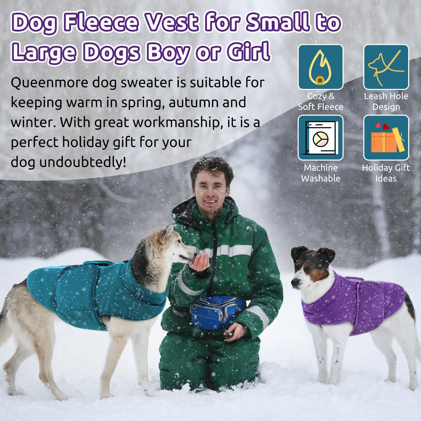 Queenmore winter-warmth fleece vest keeps pets comfortable on cold-day strolls.