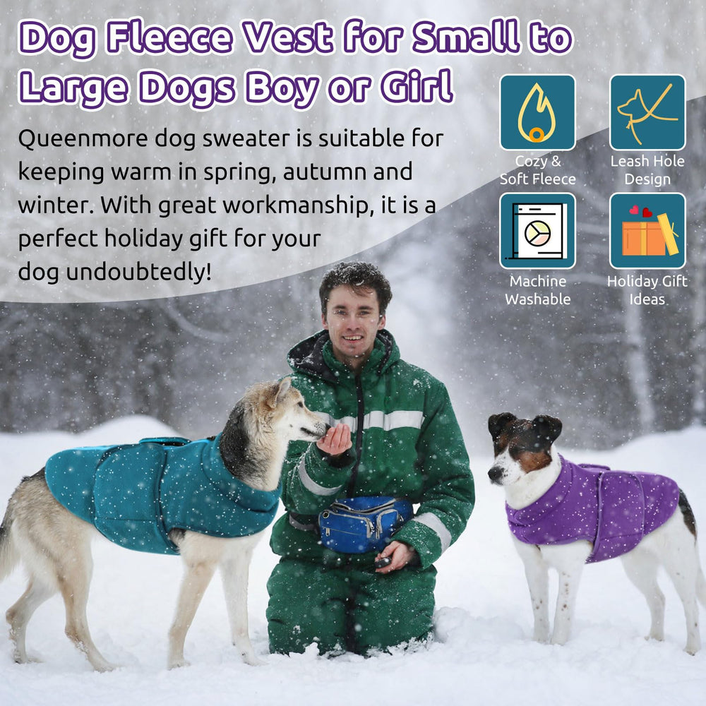 Queenmore winter-warmth fleece vest keeps pets comfortable on cold-day strolls.