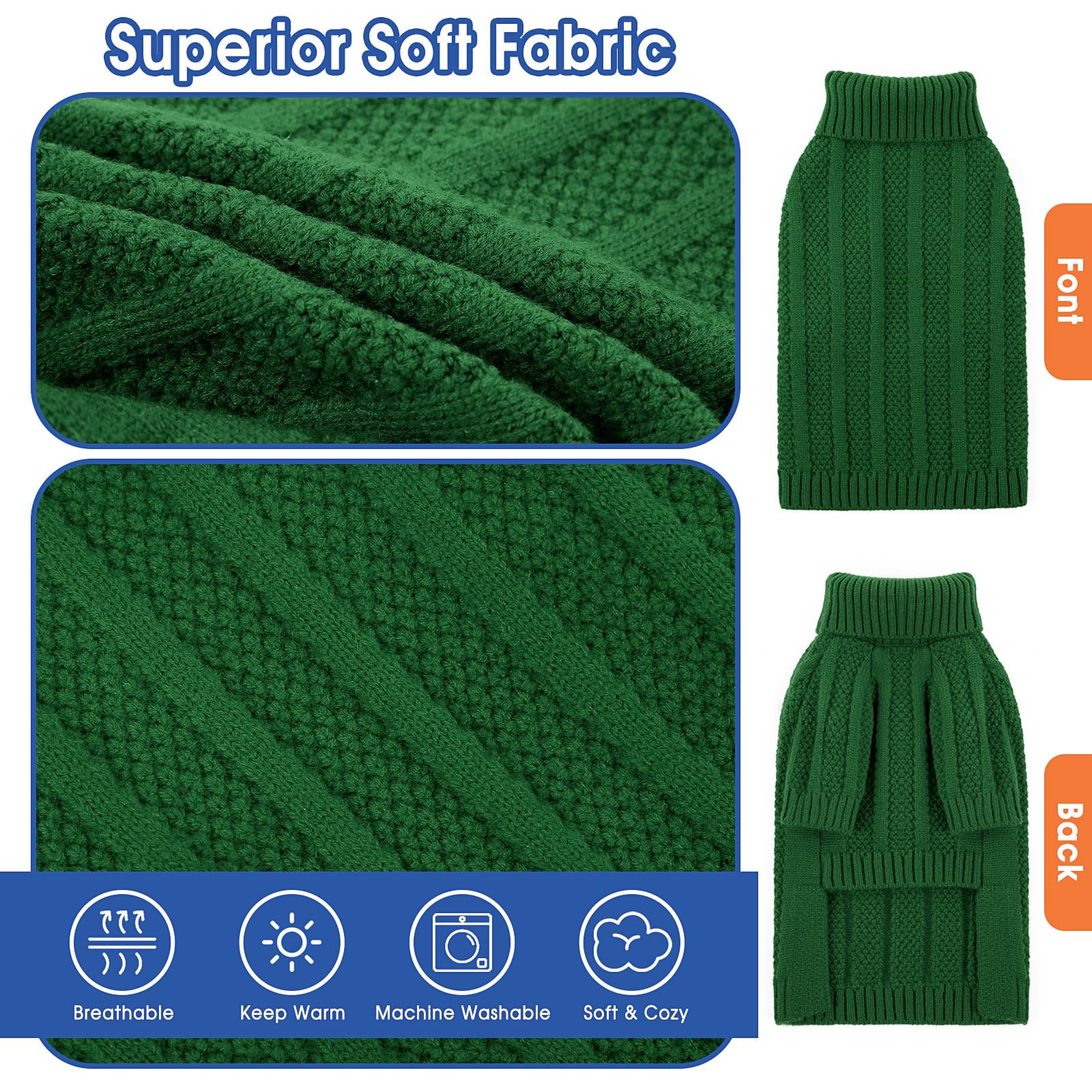 Queenmore XSmall Dog Sweater green close-up knit texture, soft and comfy.